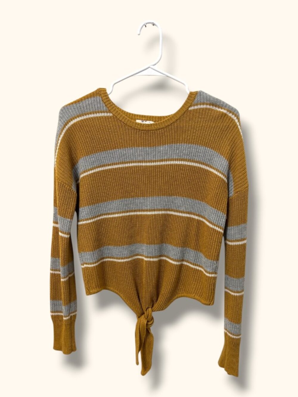 Hippie Rose Sweater Womens M Mustard Striped Knot Front Cropped Long Sleeve Knit